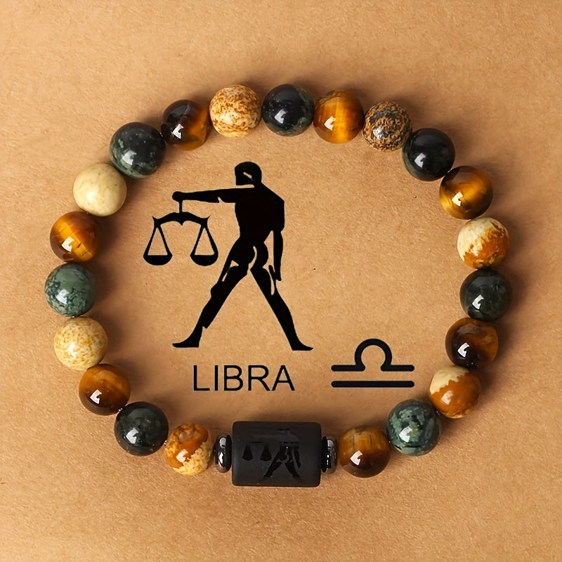 1pc 12 Constellations Bracelet, Natural Stone Beaded Bracelet, Twelve Constellations Tiger Eye Stone Picture Stone Bracelet, Birthday Gift Valentines Day Gift Bracelet