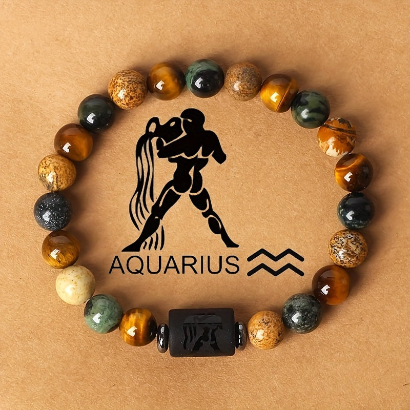 1pc 12 Constellations Bracelet, Natural Stone Beaded Bracelet, Twelve Constellations Tiger Eye Stone Picture Stone Bracelet, Birthday Gift Valentines Day Gift Bracelet