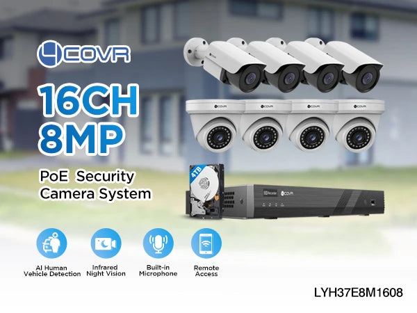 16-Channel 4K Business Security Camera System 8MP H.265 NVR 4TB HDD 4 Dome 4 Bullet PoE Wired Night Vision IP Cctv Camera System