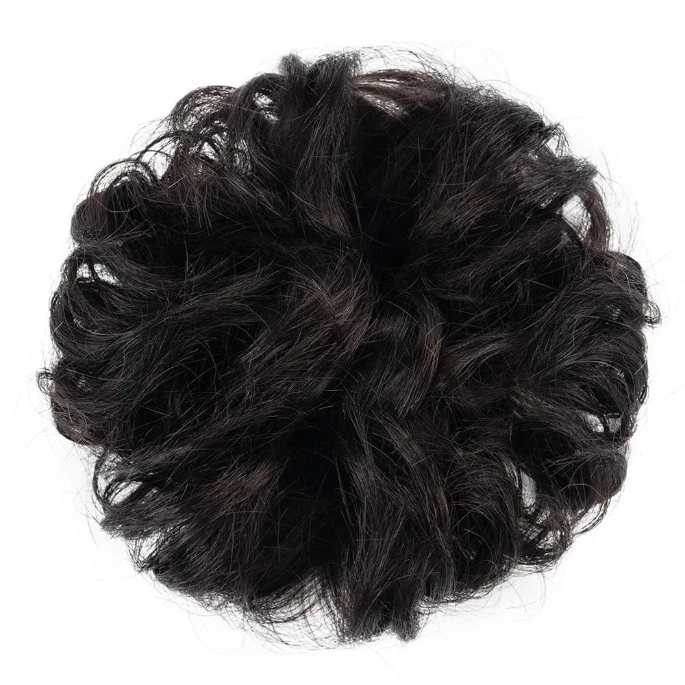 100% Human Hair Bun Ponytail Extensions Human Hair Bun Hairpieces Natural Black Wavy Tousled Updo Chignon Hairpieces for Women