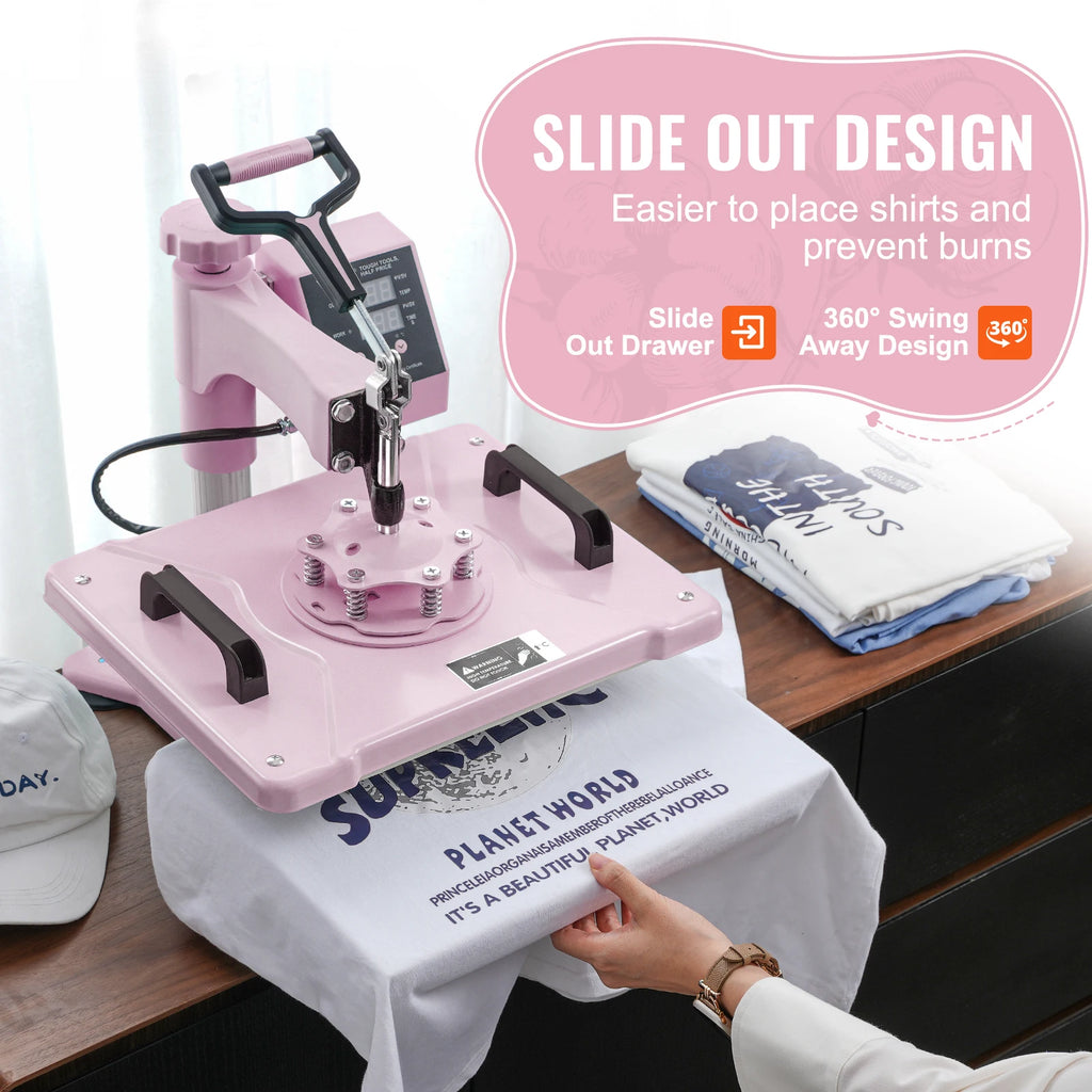 SucceBuy Heat Press Machine 12x15 inch  8 in 1 Heat Transfer Machine 360° Swing Away T-Shirt for T-Shirts/Mugs/Hats/Plates Pink