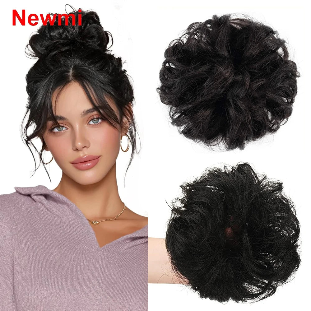 100% Human Hair Bun Ponytail Extensions Human Hair Bun Hairpieces Natural Black Wavy Tousled Updo Chignon Hairpieces for Women