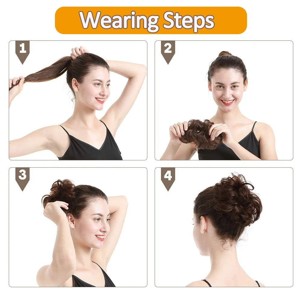 100% Human Hair Bun Ponytail Extensions Human Hair Bun Hairpieces Natural Black Wavy Tousled Updo Chignon Hairpieces for Women