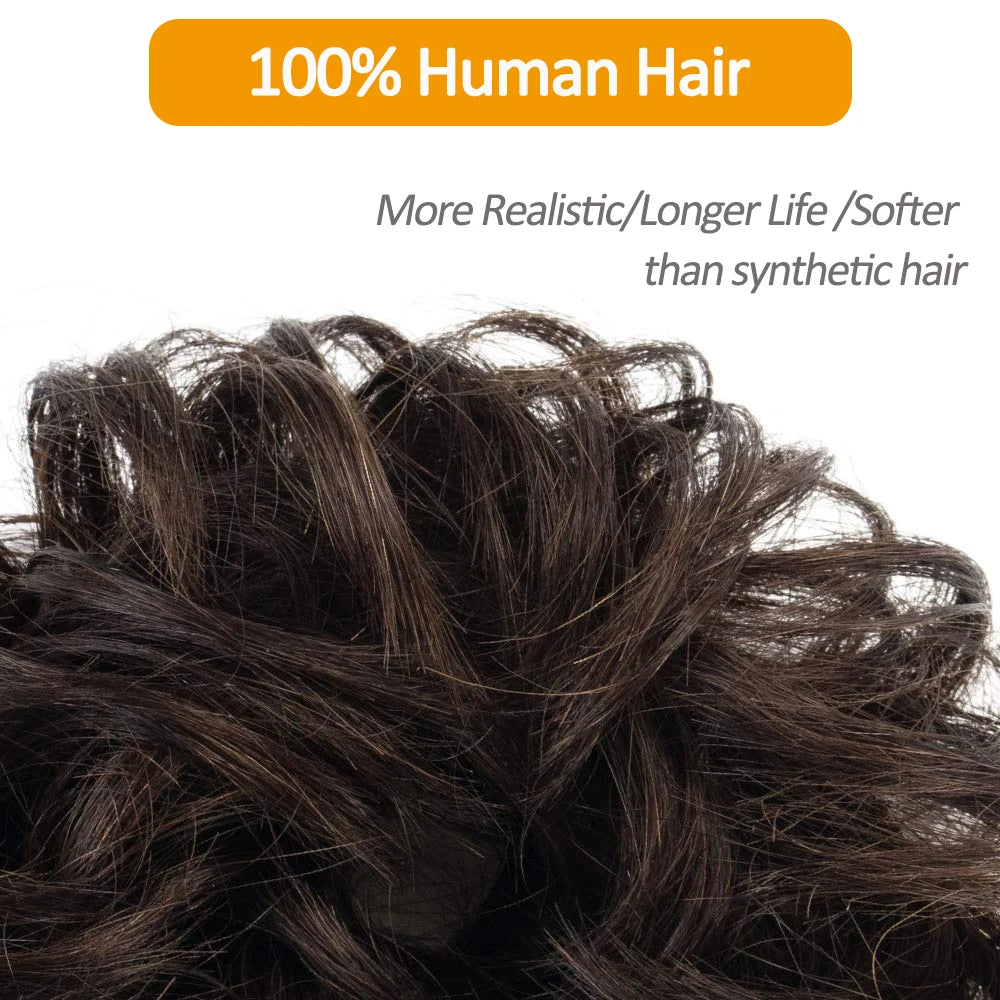 100% Human Hair Bun Ponytail Extensions Human Hair Bun Hairpieces Natural Black Wavy Tousled Updo Chignon Hairpieces for Women