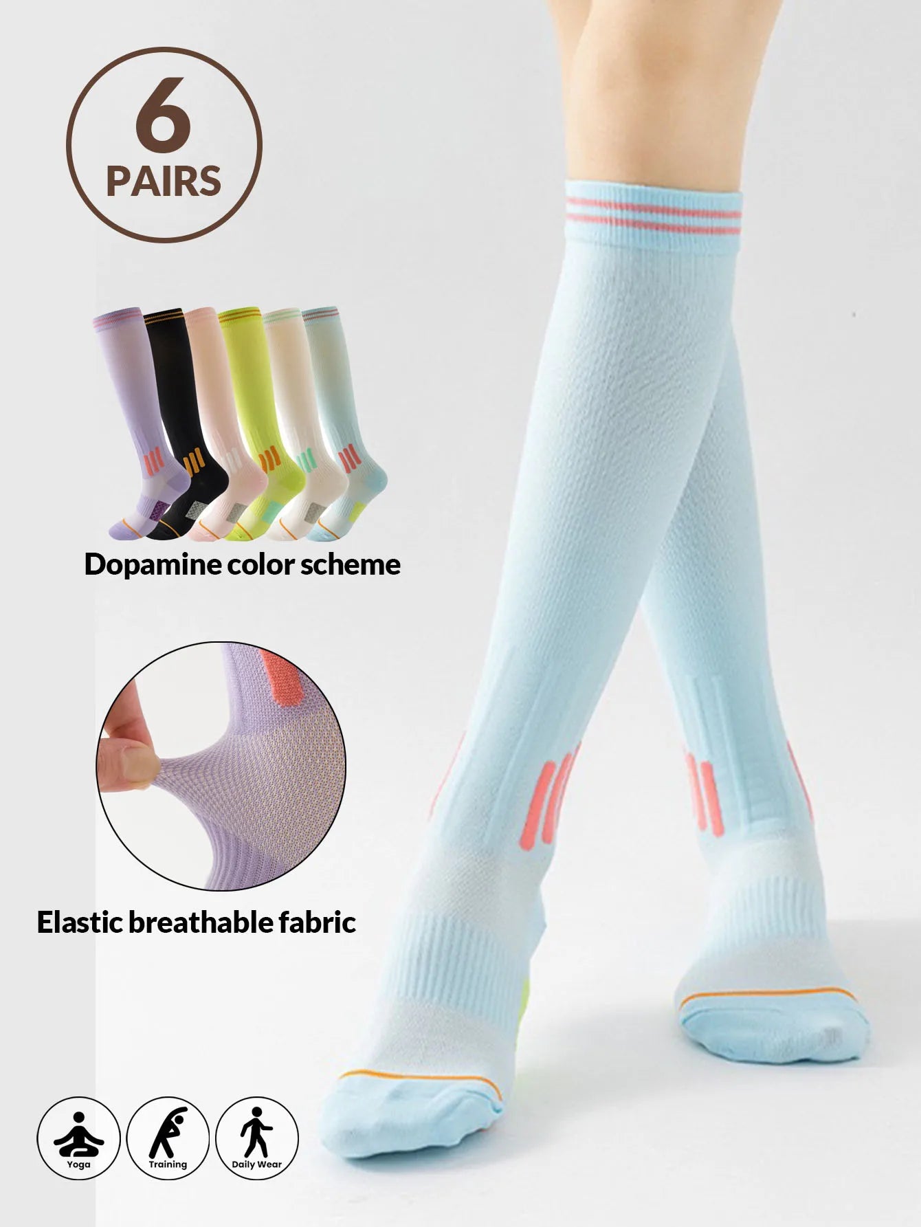 1/6pairs Compression Sport Socks Running Skipping Yoga Socks Trendy Professional Sports Socks Nursing Athletic Soccer Stocking