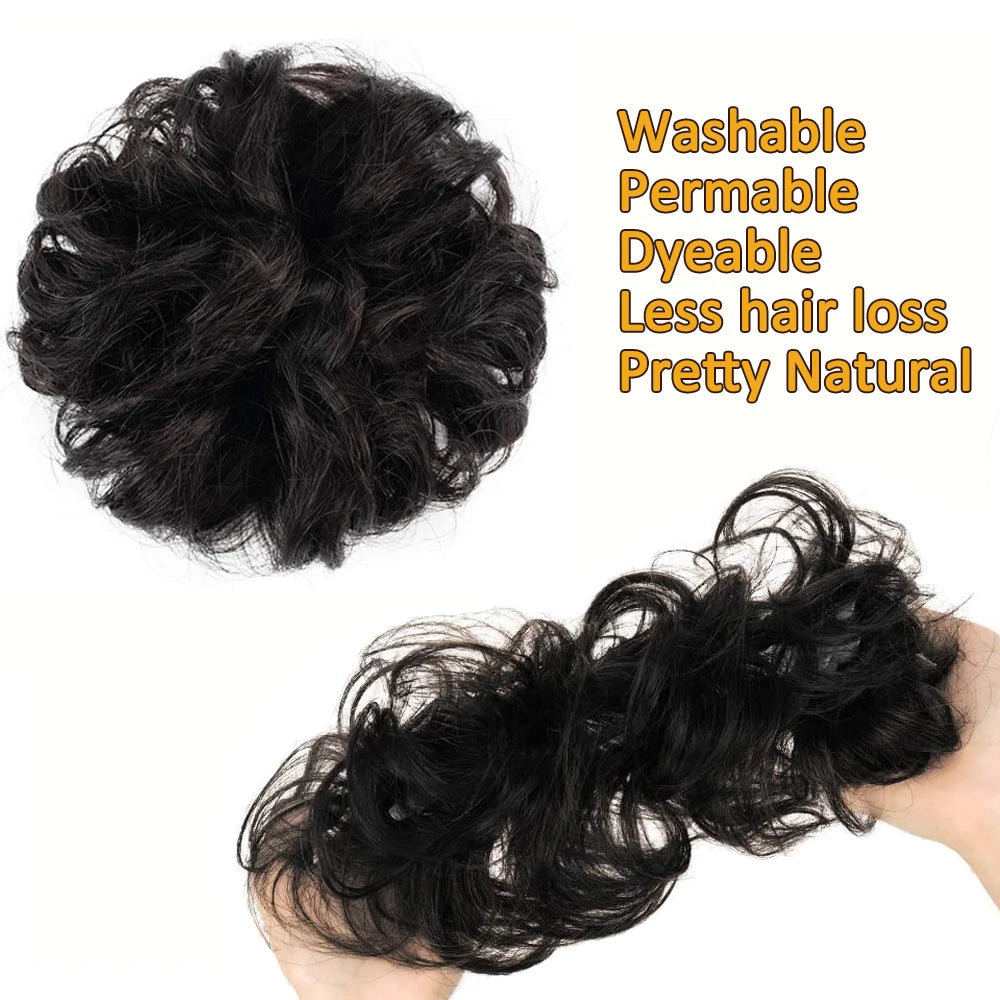 100% Human Hair Bun Ponytail Extensions Human Hair Bun Hairpieces Natural Black Wavy Tousled Updo Chignon Hairpieces for Women