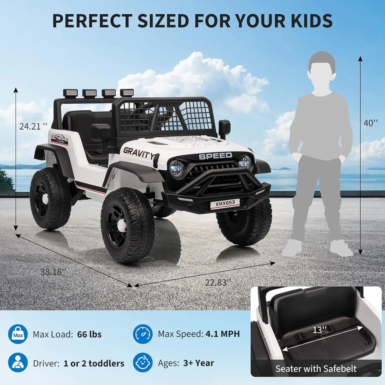 12V Ride on Car, Kids Electric Vehicles with Remote Control Riding Toy with Safety Belt, 3 Speeds, LED Lightfor Children 3-6Y